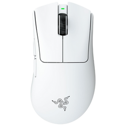 White Razer gaming mouse with scroll wheel and subtle logo.