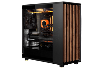 High-end black gaming PC, internal orange lights, GeForce RTX, ASUS ROG.