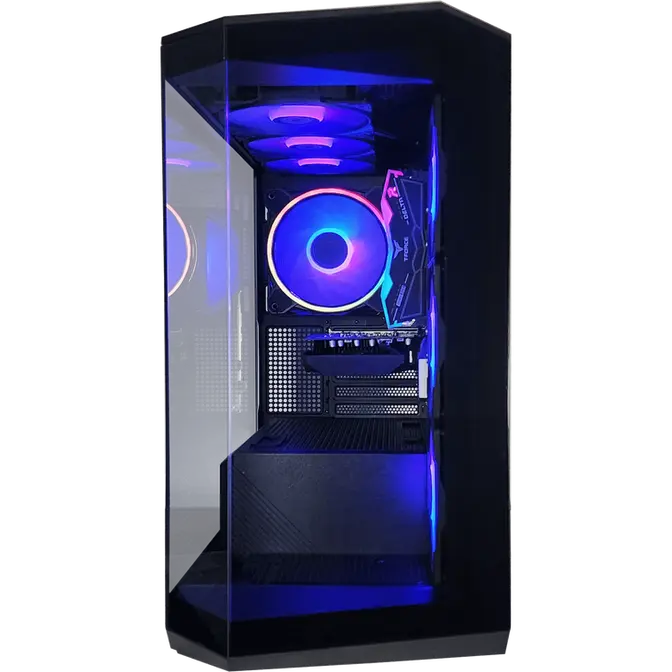 Black gaming PC case with clear panels and blue purple LED lights.