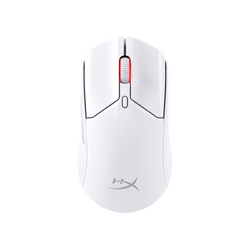 White HyperX gaming mouse featuring a red scroll wheel and logo.