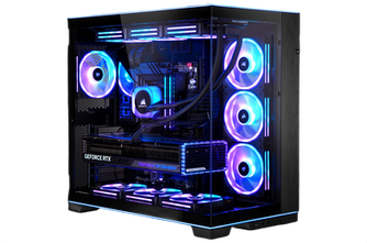 High-performance gaming PC, GeForce RTX, with vibrant RGB fans, clear case.
