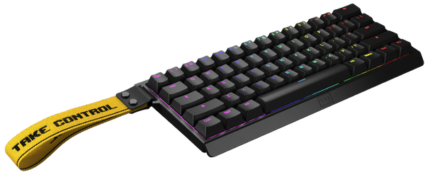 Black mechanical gaming keyboard with RGB lighting and yellow 'TAKE CONTROL' strap.