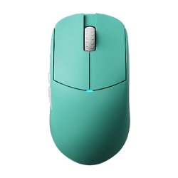 Teal computer mouse with white scroll wheel on black background.