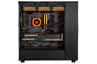 High-performance gaming PC case, GEFORCE RTX, THE ULTIMATE GEFORCE, glowing orange.