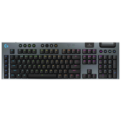 Grey Logitech mechanical gaming keyboard with dark keys and colored backlighting.