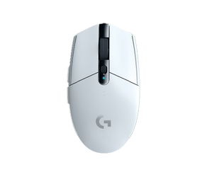 White Logitech G gaming mouse with blue indicator light, top view.