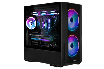 Black desktop computer case with vibrant RGB fans and internal lighting.