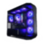 Modern gaming PC desktop computer case with bright blue LED lighting.