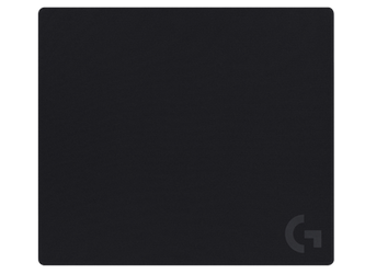Dark gray Logitech gaming mouse pad with G logo.