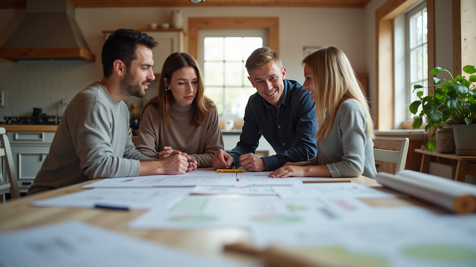 Eye-level view of family discussing home building plans