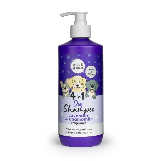 Close-up view of a bottle of natural dog shampoo with botanical ingredients