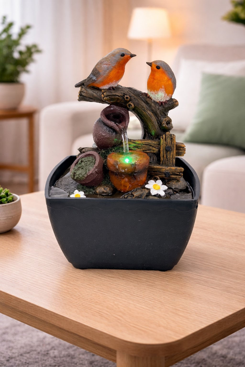 Mini Lovely Robins Water Fountain with changing LED Light H18 x W13.5cm