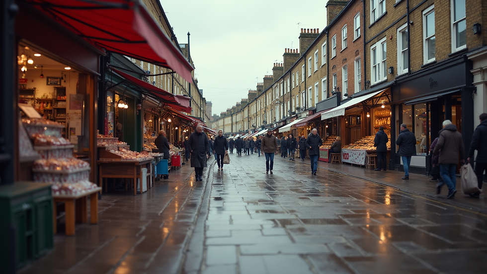 Eye-level view of a UK street market with small business stalls