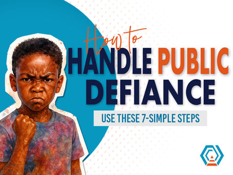 Illustrated cover image showing an angry elementary-aged Black boy with a clenched fist and furrowed brow, standing against a teal and white graphic background. Bold text reads “How to Handle Public Defiance” with a subtitle that says “Use These 7 Simple Steps,” designed as a blog or video cover for teachers about managing student behavior.