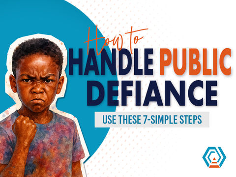 Illustrated cover image showing an angry elementary-aged boy with a clenched fist. Bold text reads “How to Handle Public Defiance” with a subtitle that says “Use These 7 Simple Steps,” designed as a blog or video cover for teachers about managing student behavior.