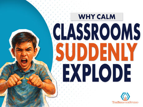 Young boy in a blue shirt angrily snaps a pencil. Text reads "WHY CALM CLASSROOMS SUDDENLY EXPLODE."