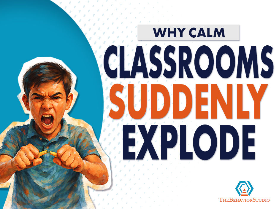 Young boy in a blue shirt angrily snaps a pencil. Text reads "WHY CALM CLASSROOMS SUDDENLY EXPLODE."