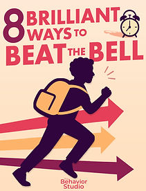 Illustrated book cover titled “8 Brilliant Ways to Beat the Bell.” A student with a backpack runs forward.