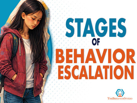A young girl looks down with a sad expression. Text reads "Stages of Behavior Escalation."