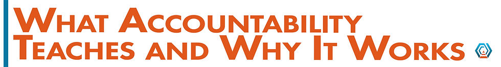 Orange text reads "What Accountability Teaches and Why It Works" on a white background with a blue vertical line and hexagon logo.