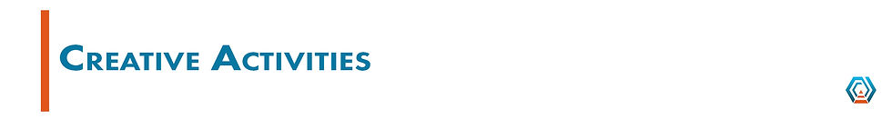 "Creative Activities" text in blue on white background with orange vertical line and hexagon logo with blue outline in bottom right corner.