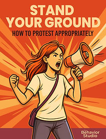 Illustrated book cover titled “Stand Your Ground: How to Protest Appropriately.” A girl with red hair shouts into a megaphone