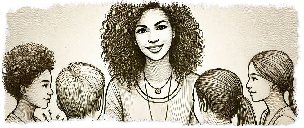 Smiling woman surrounded by four children drawn in sepia tones, creating a warm, harmonious atmosphere.