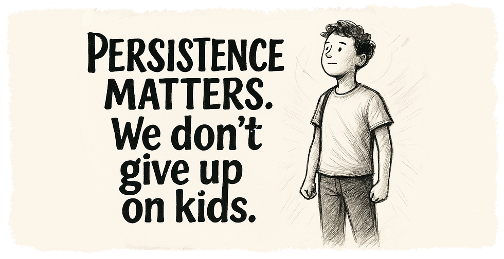 Illustration of a smiling person in a T-shirt with "Persistence matters. We don’t give up on kids." text. Light background, sketch style.