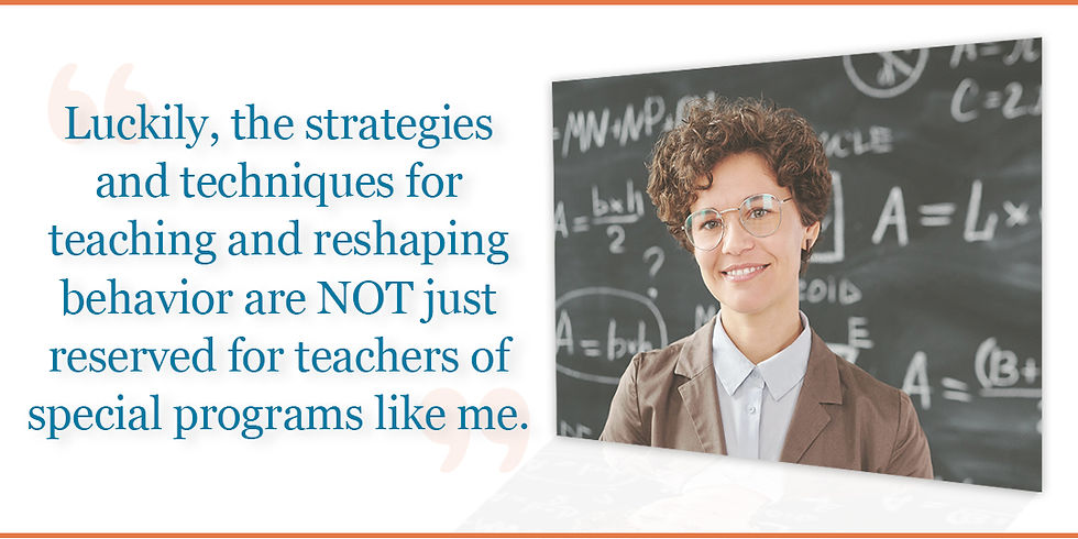 Smiling teacher in glasses stands before a chalkboard with equations. Text reads: Strategies for teaching apply to all teachers.