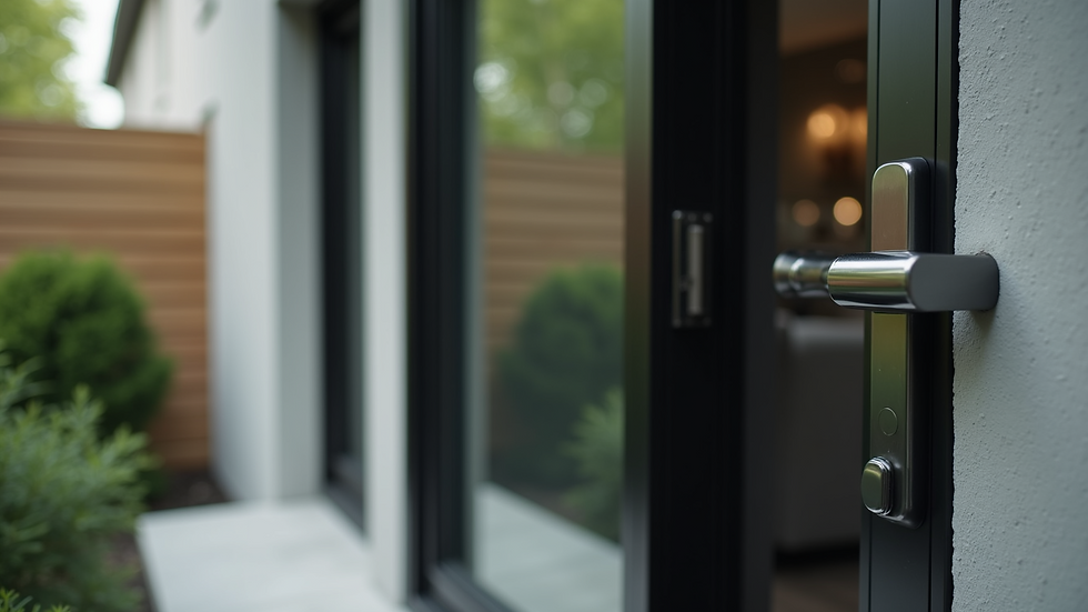 Wide angle view of a secure home entrance with a modern locked door