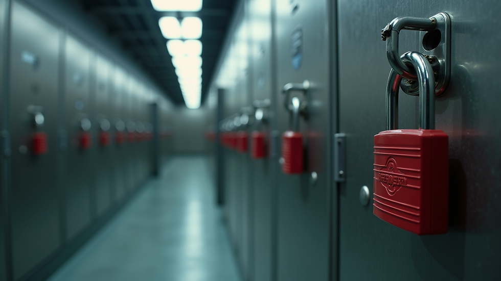 High angle view of multiple commercial locks displayed