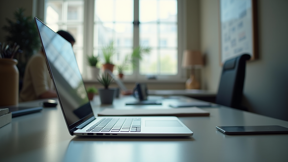 Eye-level view of a modern workspace with a focus on a sleek desk and a laptop