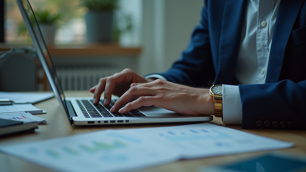 Eye-level view of a financial consultant analyzing data on a laptop