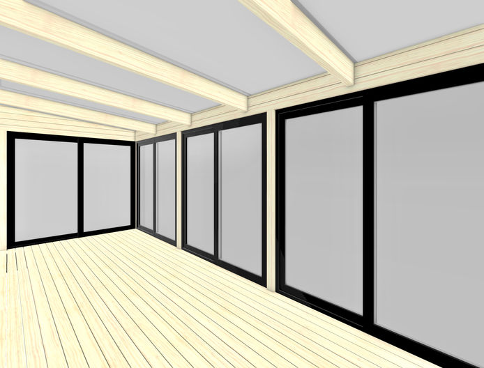 Interiör av uterum med limträ, kärnfuru och svarta skjutdörrar.