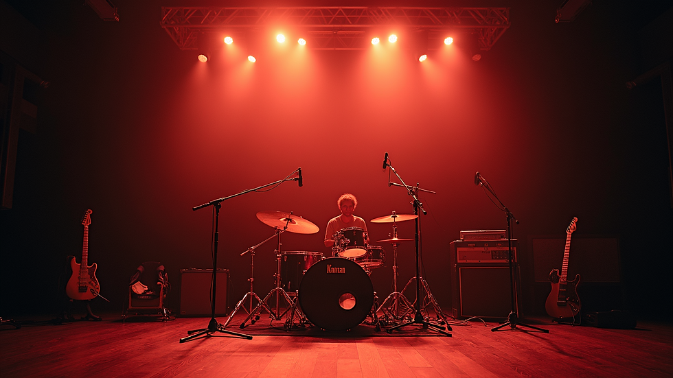 Eye-level view of a stage setup with musical instruments ready for a live band