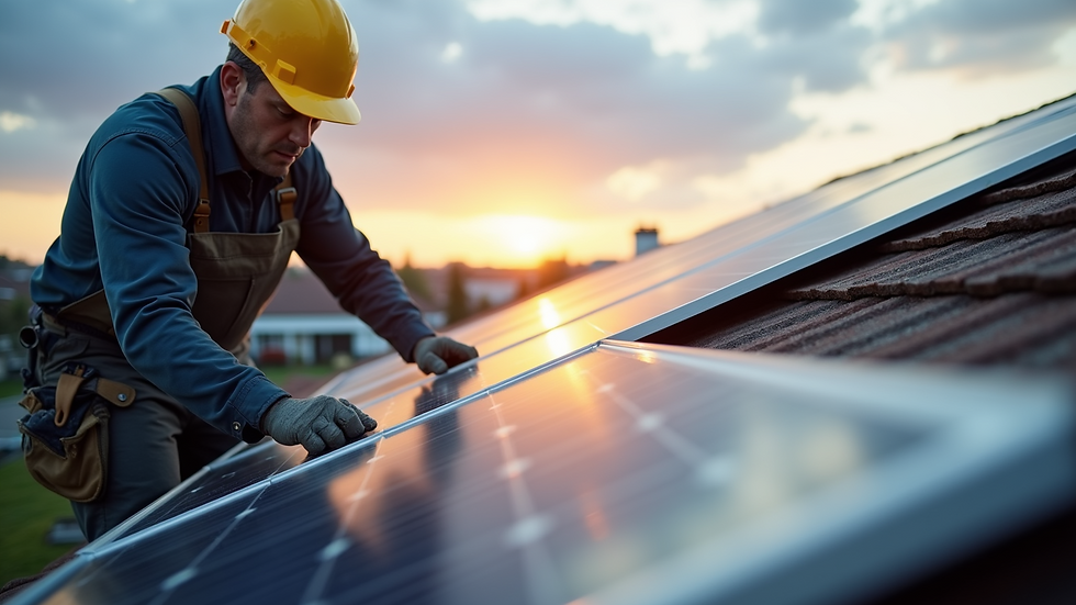 Close-up view of a technician installing a solar panel on a residential roof