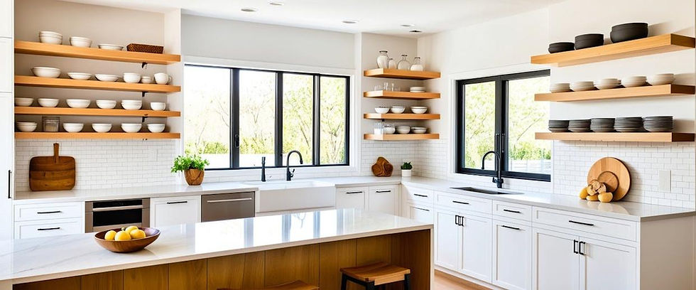 Modern kitchen with white cabinets, wooden shelves with bowls, and large windows