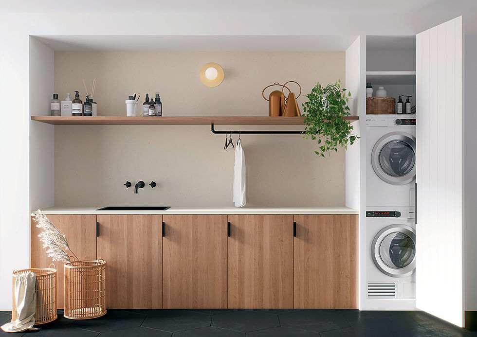 Minimalist laundry room with a wooden cabinet, stacked washer and dryer, shelf with plants and bottles, and two wicker baskets on the floor.