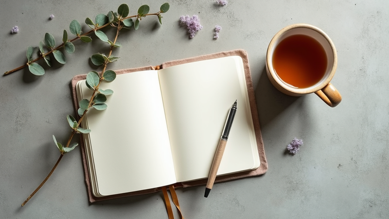 Open notebook, pen, tea, and eucalyptus branch