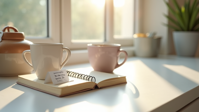 Two mugs, open book, 'Sometimes the most healing thing is to rest' card