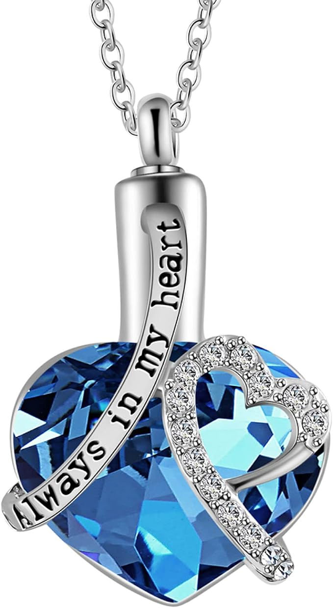 Blue crystal heart urn necklace engraved Always in my Heart