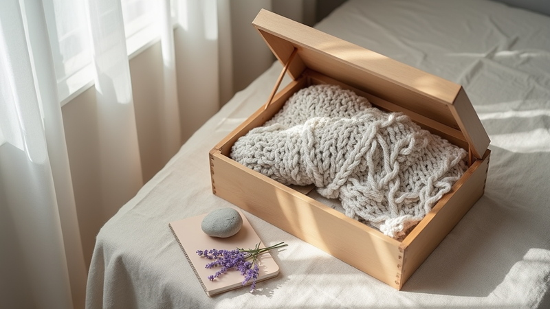 Open box with soft knitted items, lavender, and a stone