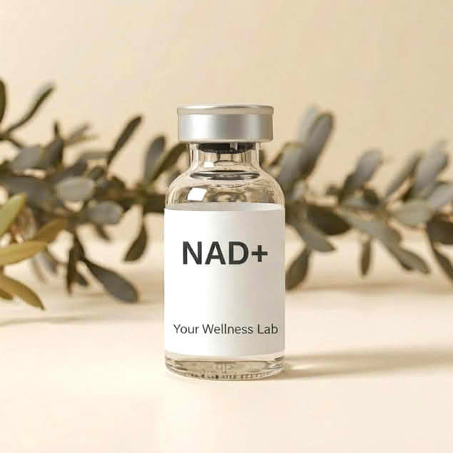 NAD powder peptide vial with natural luxury setting