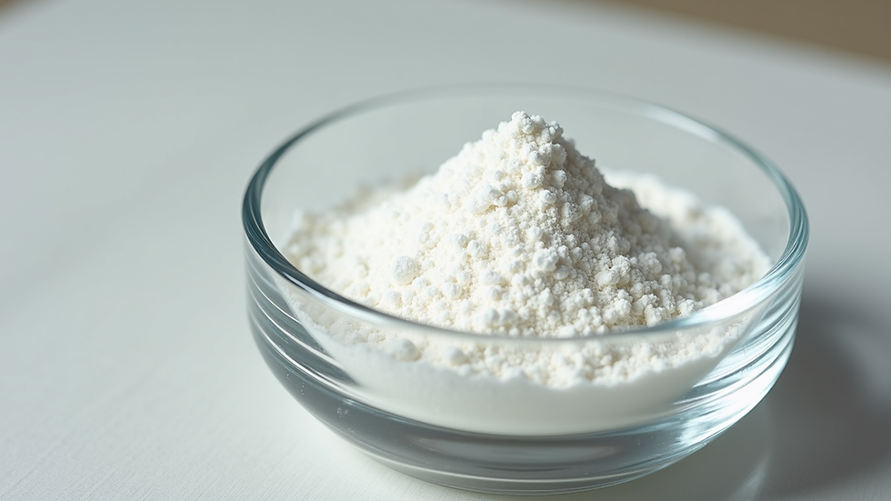 Close-up view of a white powder supplement in a glass bowl