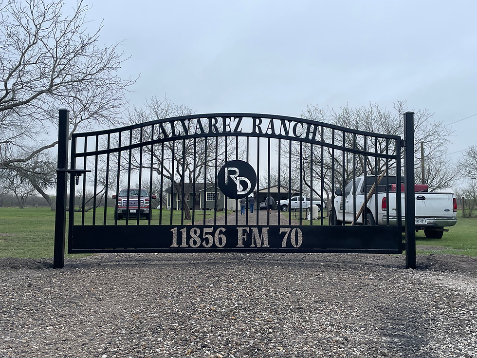 Custom Double Compound Arch with Plasma Cut out Ranch name and Custom sheet metal address 