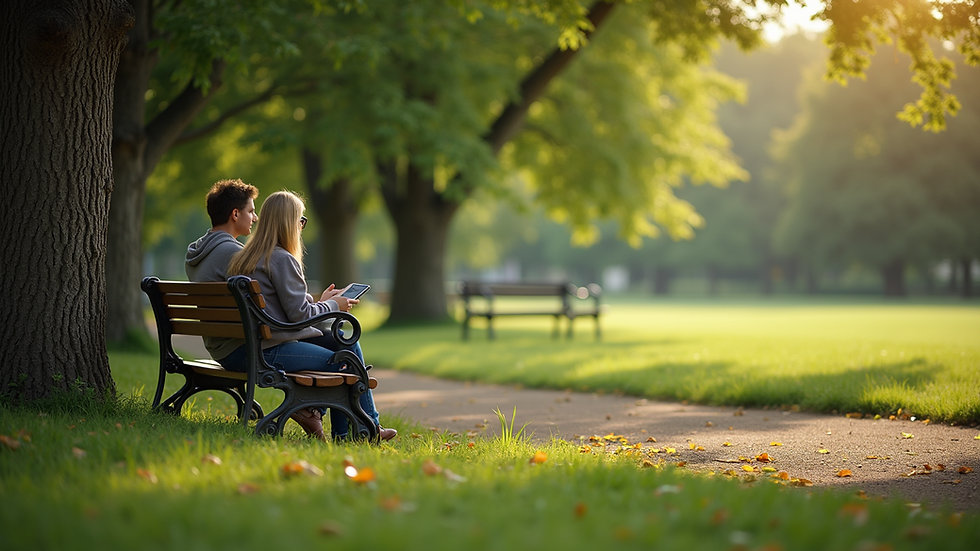 Eye-level view of a serene park bench surrounded by lush greenery