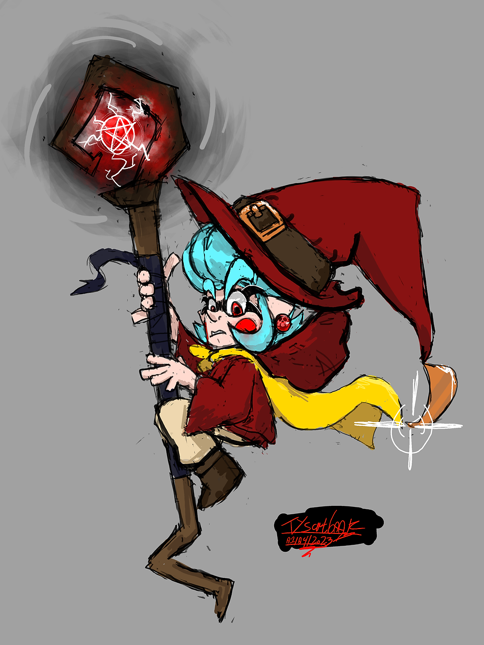 (Wilbur the Witch levitating with her staff firmly gripped in her square fingers, glaring down at her foes in annoyance.)