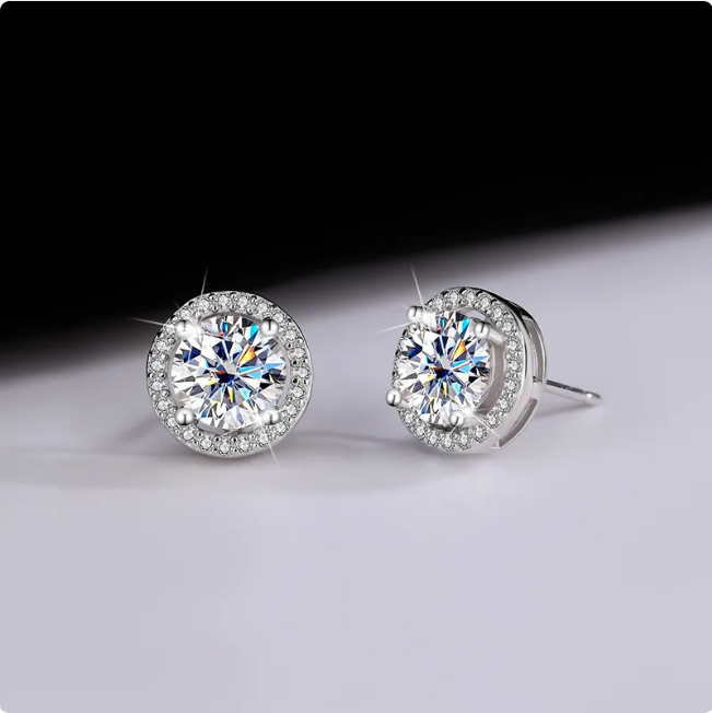 Moissanite sterling silver earrings with round halo studs