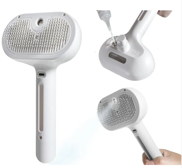 White pet hair spray brush showing water filling and misting.