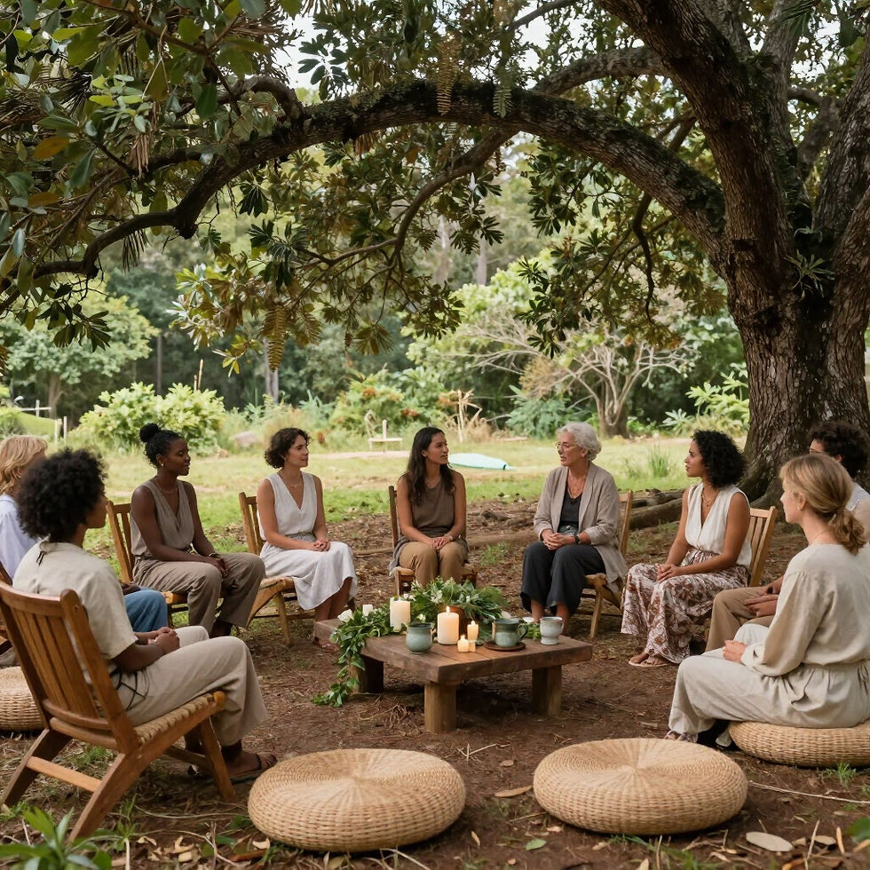 Image of women sitting in a circle outside under a tree having a conversation.